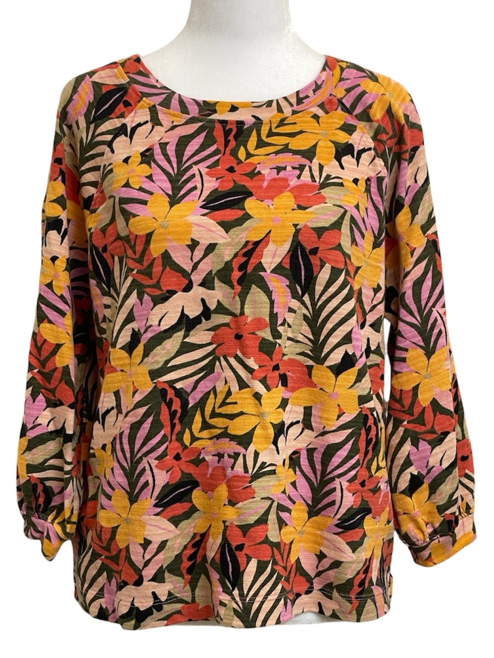 LOFT Multicolor Tropical Floral Print Cotton 3/4 Sleeve Knit Top